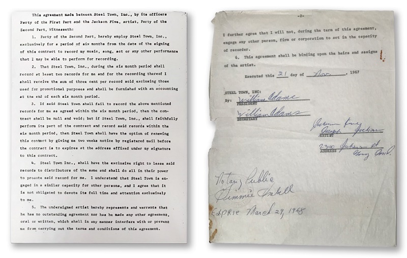 The Jackson Five's first contract with Steeltown Records, signed by their father Joe in November 1967 