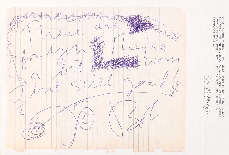 Bob Dylan's note to the McKenzies, accompanying his harmonica 