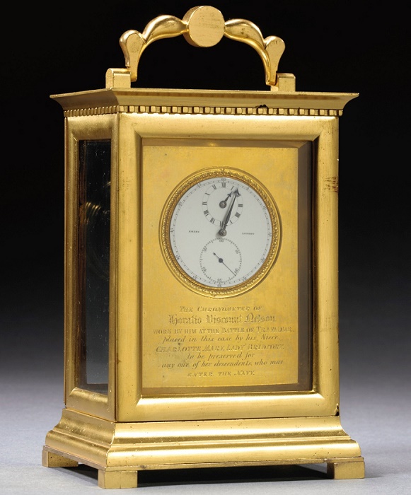 Nelson's watch was later set in an engraved gold clock casing by his niece Charlotte 