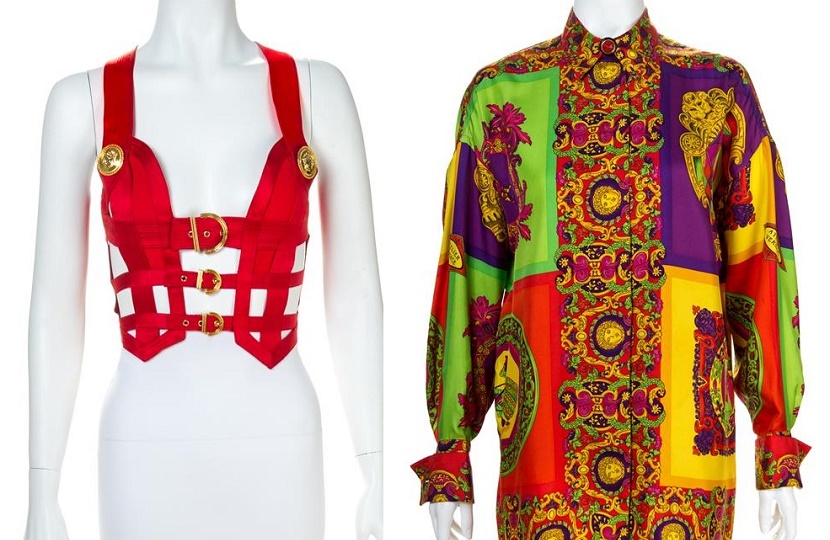 A Gianni Versace Red Silk Bondage Harness Bodice, Autumn/Winter 1992-93, (est. $2,500 - $3,500) and a Silk Atelier Print Shirt, 1990s (est. $600 - $800)