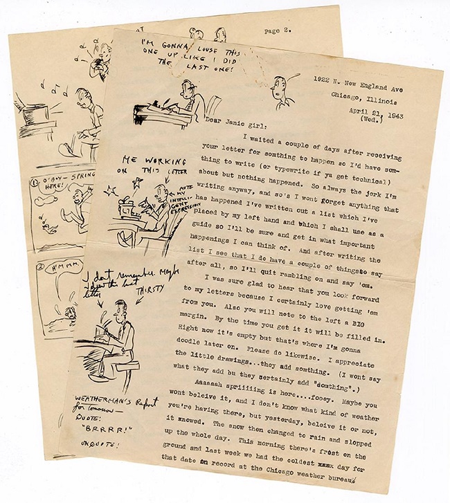 One of Hugh Hefner's teenage letters, illustrated with cartoons in the margins 