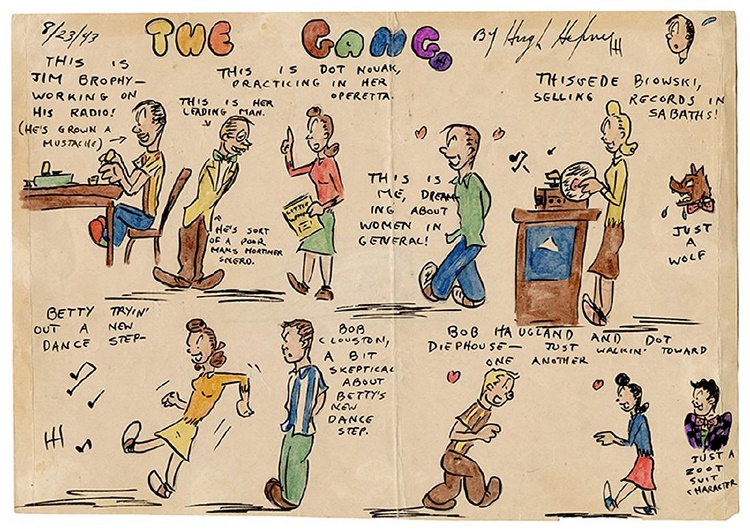 One of Hefner's cartoon strips, depicting his gang of high school friends back in 1943 