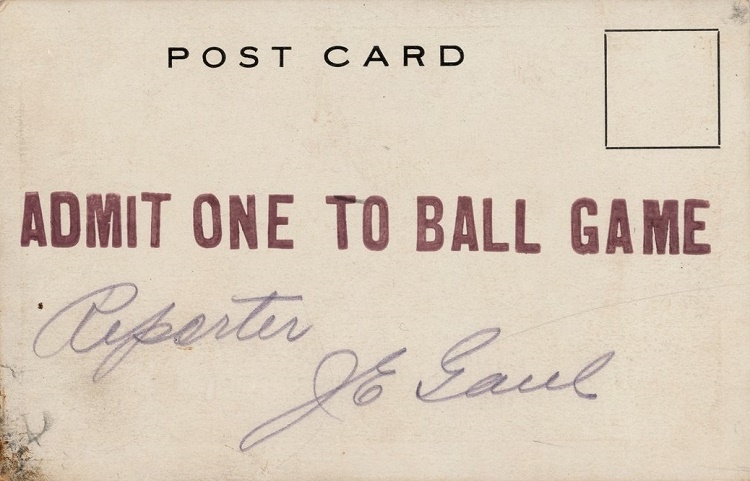 The postcard also doubled as a press pass for a sports reporter 