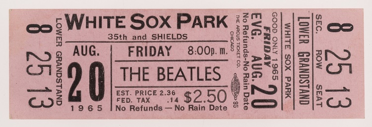 An unused ticket to The Beatles' concert at White Sox Park in Chicago on August 20, 1965 