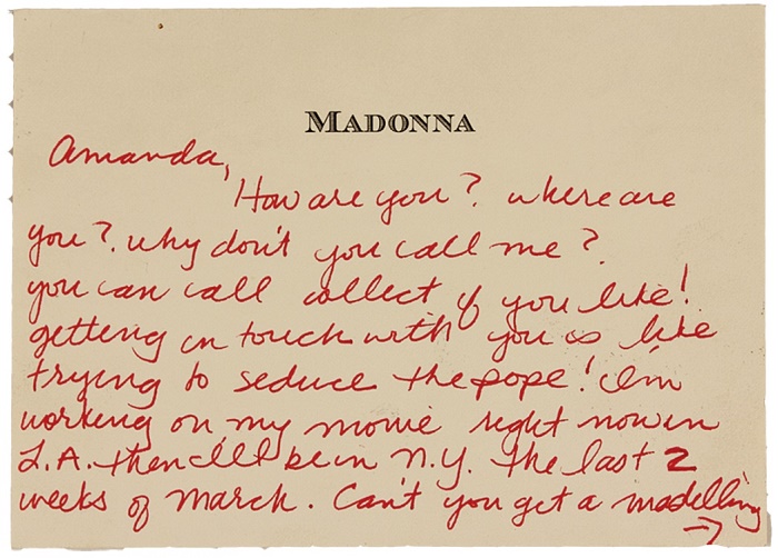 The romantic note is handwritten on Madonna's personal stationary 