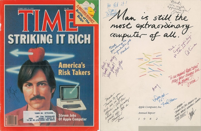 A Steve Jobs signed Time Magazine and an annual Apple Inc. report, both dating from 1982 