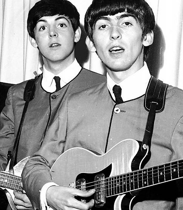 Harrison with the guitar during a photo-shoot at The Beatles last-ever Cavern Club show in August 1963 