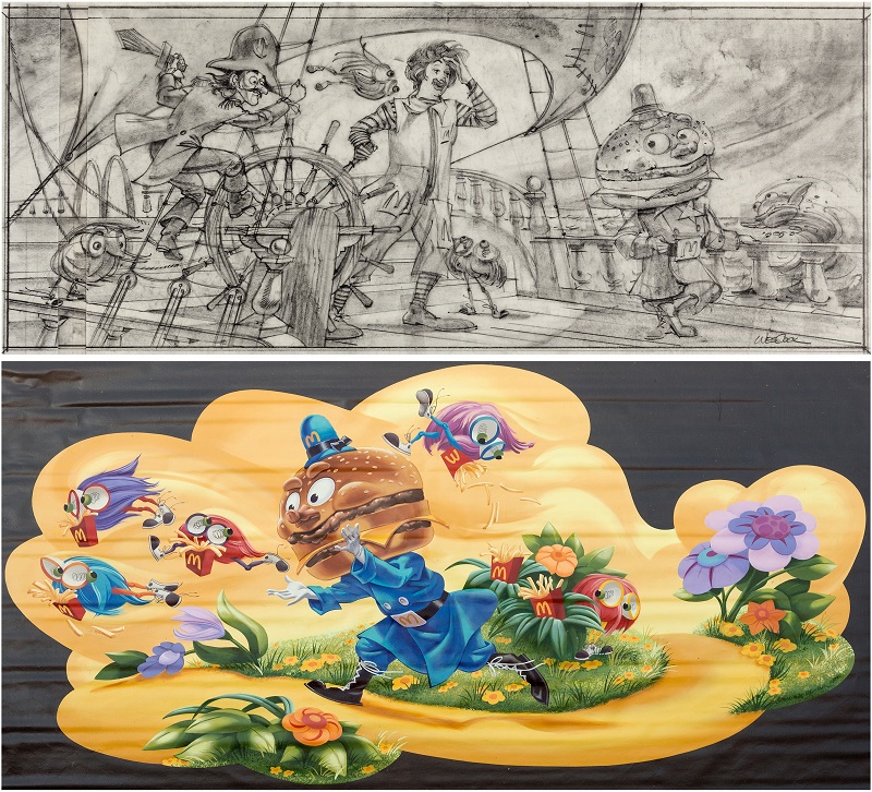 Wes Cook produced stunning concept sketches for artwork, which were then turned intto hand-painted murals and displayed in restaurants around the world 