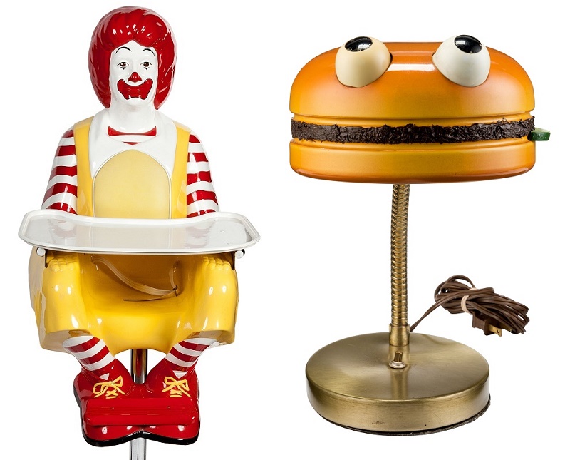 Unique prototypes for a Ronald McDonald high chair and a Hamburger desk lamp, neither of which ever made it into production