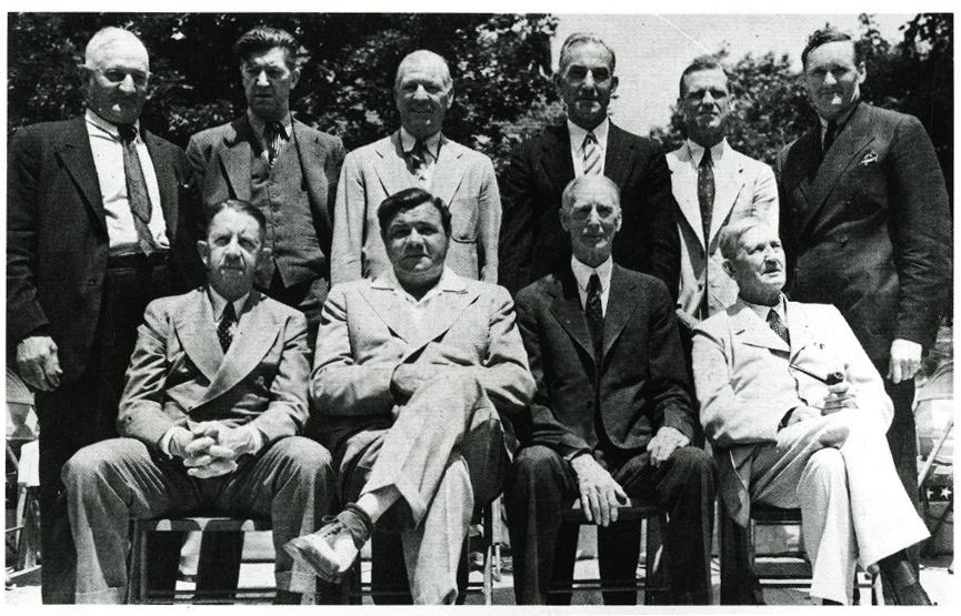 10 of the living inaugural inductees into the Baseball Hall of Fame in June 1939: Back (L-R) Honus Wagner, Grove Alexander, Tris Speaker, Nap Lajoie, George Sisler and Walter Johnson. Front (L-R) Eddie Collins, Babe Ruth, Connie Mack and Cy Young