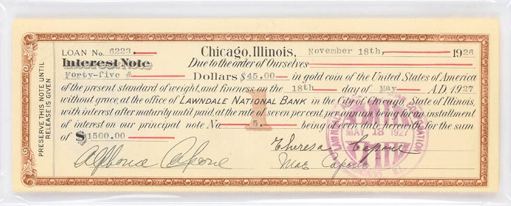 A loan document signed twice by the Chicago mob boss Al Capone 