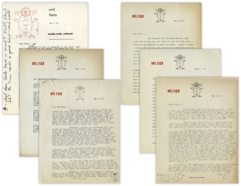 Several of the letters are written on stationary from Owl Farm, Thompson's famous compound in Woody Creek, Colorado where he lived for many years - and where he committed suicide in 2005 