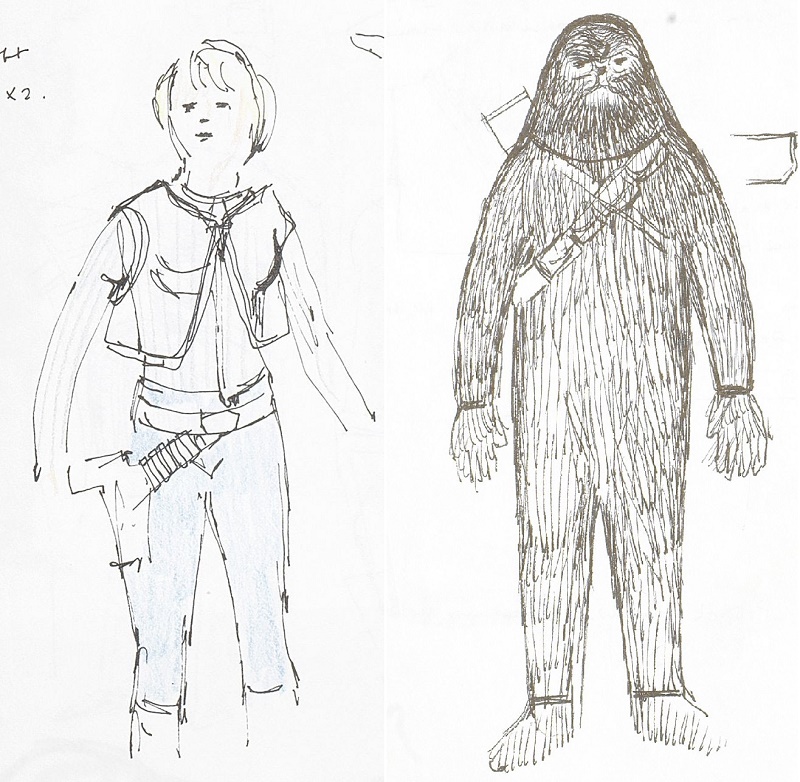 Mollo's original costume sketches for Luke Skywalker and Chewbacca