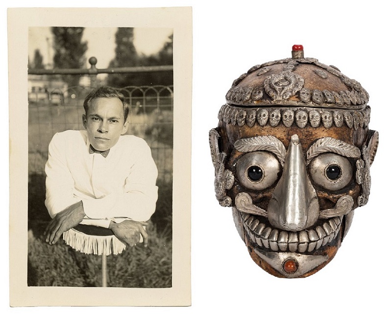 A vintage photograph from the Johnny Eck Archive (left, est. $800 - $1,000) and a decorated Tibetan sacred human skull (right, est. $900 - $1,200)