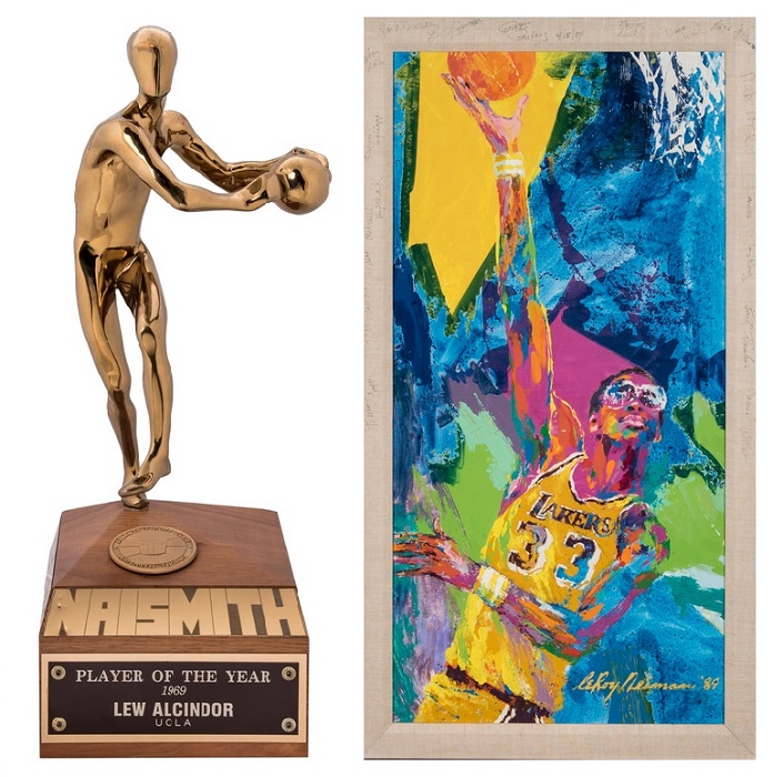 The inaugural Naismith College Player of the Year Award, presented to Abdul-Jabbar (then Lew Alcindor) in 1969; and an original LeRoy Neiman painting of his famous 'skyhook' shot