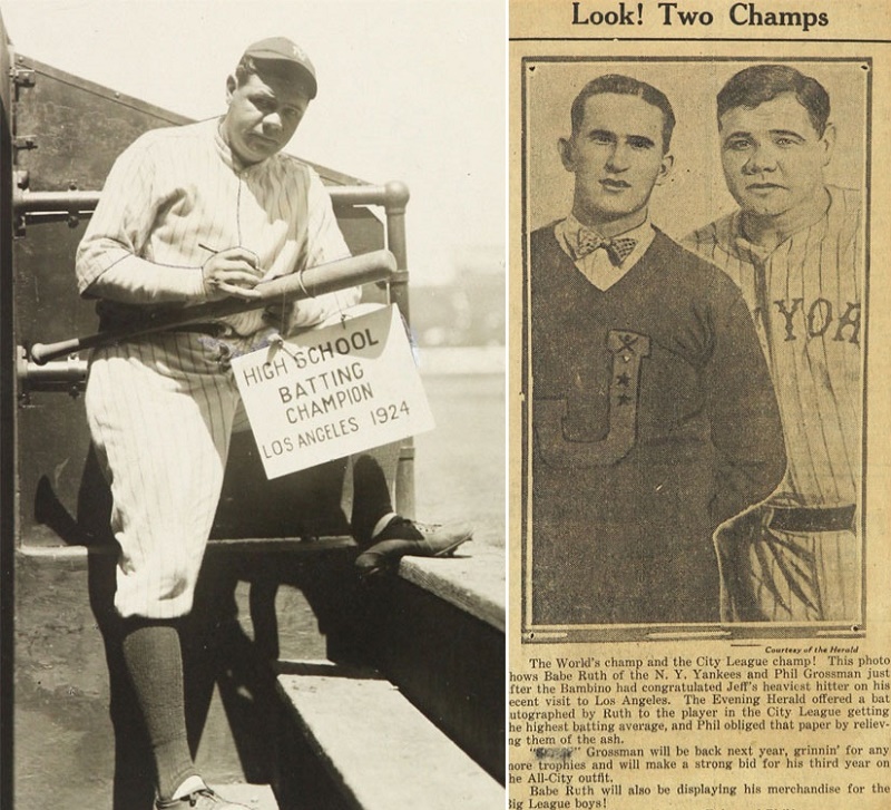 Babe Ruth signs the bat, which he later presented to high school batting champion Phil Grossman 