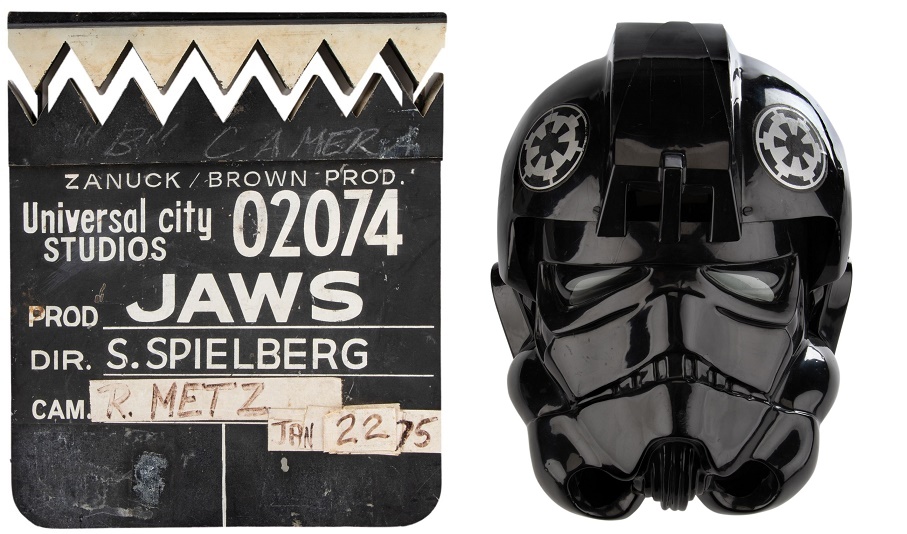 An original Jaws clapperboard, complete with jagged teeth; and a TIE Fighter pilot helmet worn in Star Wars