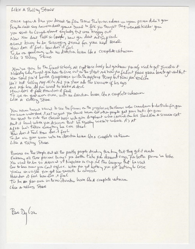 Bob Dylans Handwritten Like A Rolling Stone Lyrics Up For Auction 