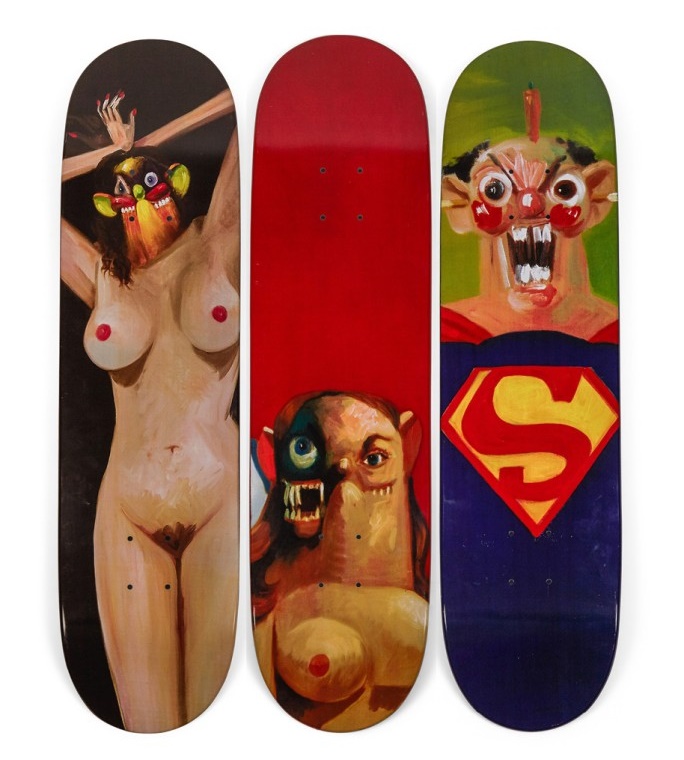 Three Supreme decks produced in 2010 in collaboration with the American contemporary artist George Condo