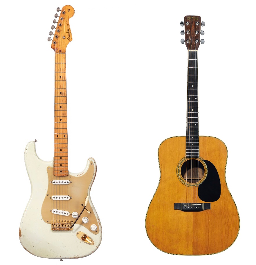 Gilmour's 1954 White Fender Stratocaster number #0001, and his 1969 D-35 Martin acoustic guitar
