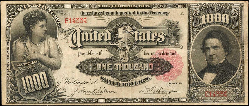 The 1891 $1000 'Marcy' Silver Certificate, est: $2 - $3 million 