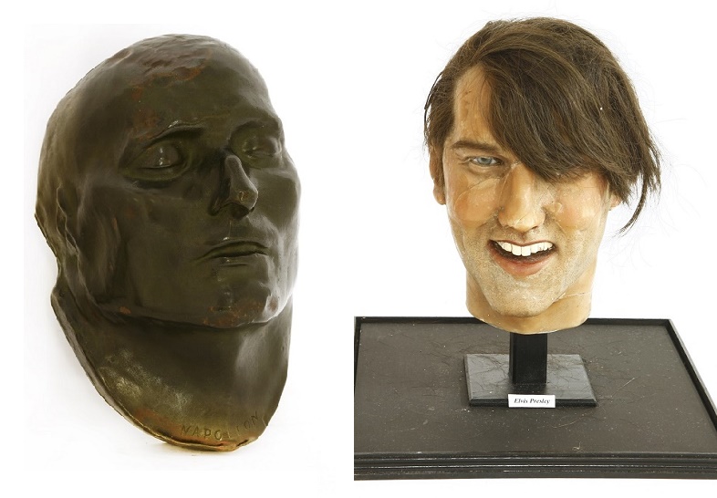 A Napoleon bronze-plated death mask, and a vintage Elvis Presley waxwork dummy head 