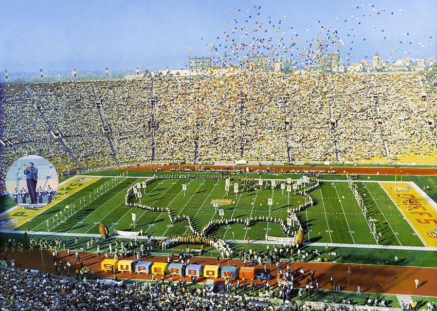 The half-time show at Super Bowl I featured marching bands, balloons, 300 pigeons and guys in jet packs