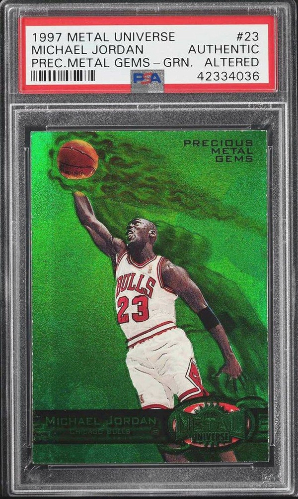 The record-breaking 1997-98 The Precious Metal Gems Green Michael Jordan card, one of only 10 examples ever produced 