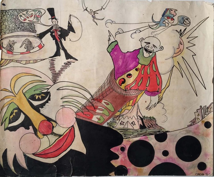 An original John Lennon artwork featuring slightly sinister clowns in a circus big-top.