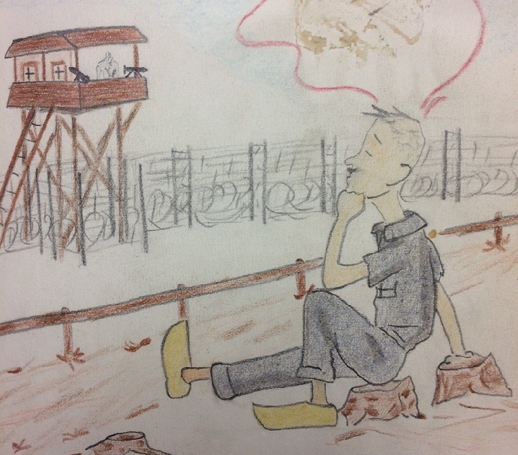 A sketch of an Allied POW at the camp, blithely relaxing in full view of a deadly German gun turret