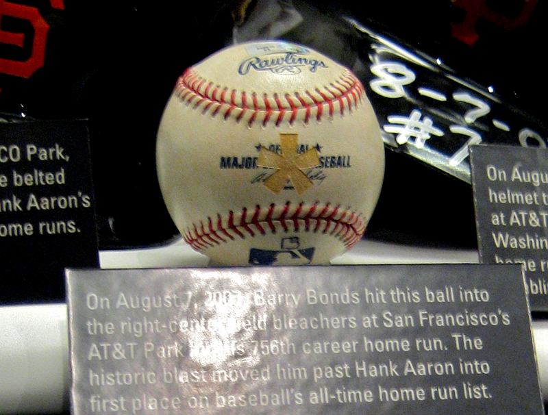 Bonds' 756th home run ball, branded with an asterisk and displayed at the Baseball Hall of Fame in Cooperstown