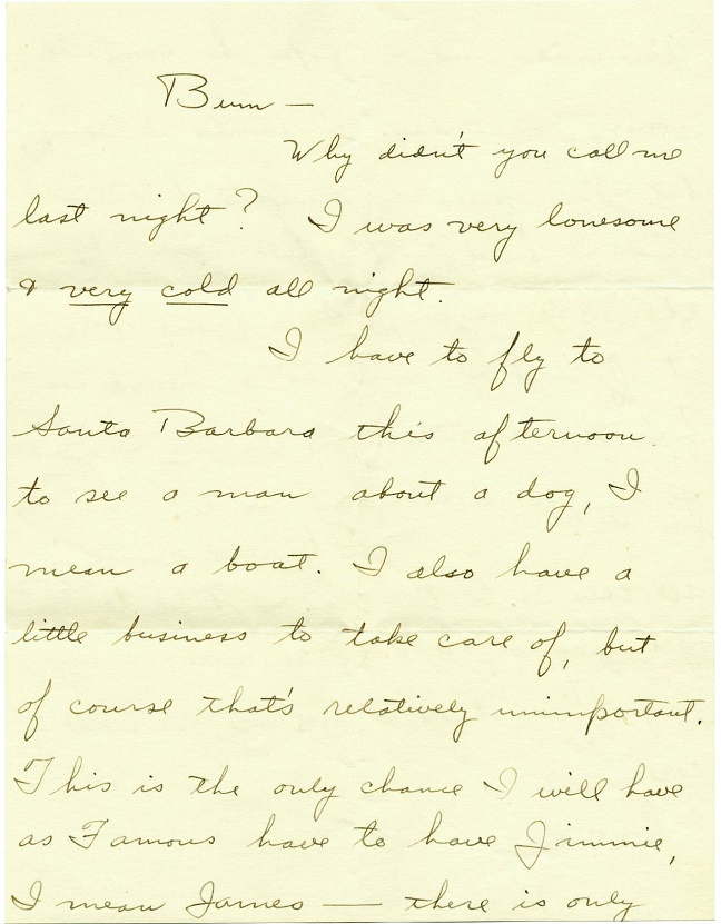 One of Howard Hughes' handwritten letters to Billie Dove 