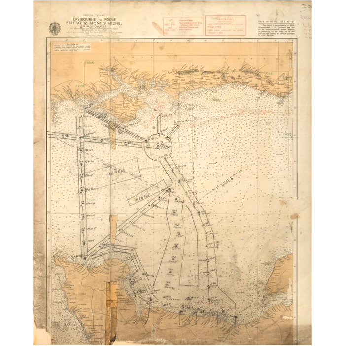 The landing map used during the Normandy Invasion, marked with landing channels and minefields 