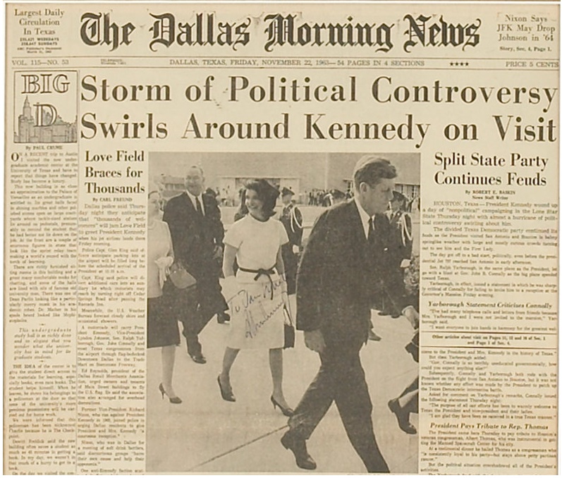 A copy of the Dallas Morning News signed by John F. Kennedy on the morning of his death, which sold at Heritage Auctions in 2009 for $39,000.