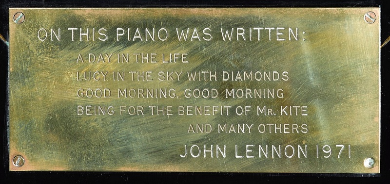 John Lennon attached this plaque to the piano before presenting it to a friend in 1971 