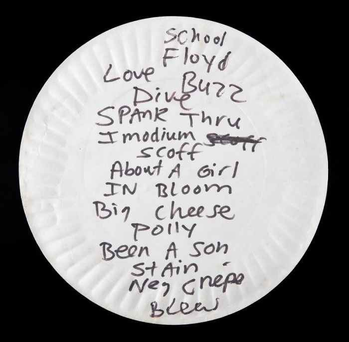 Cobain's Nirvana setlist, handwritten on his paper pizza plate before the 1990 show in Washington, D.C.