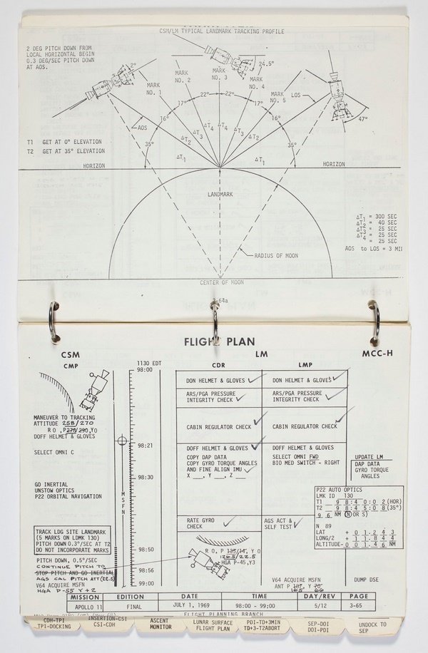 The manual contains every detail of the mission, including detailed checklists and handwritten notes made by Armstrong and Aldrin