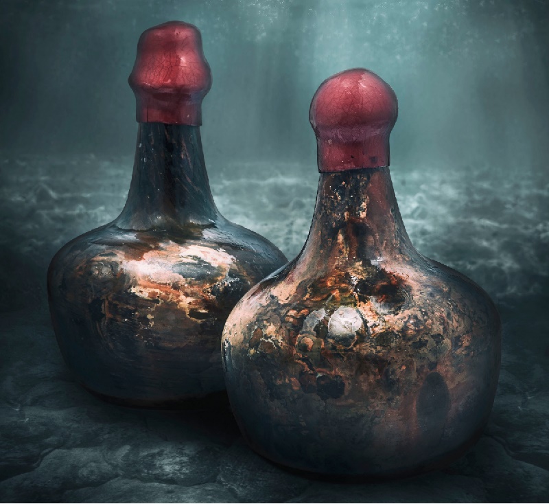 The two bottles of shipwreck wine date from 1670-1690, are are stored in a special underwater container to preserve their original corks