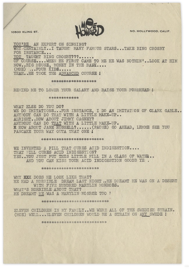 A page of Moe Howard's jokes typed on his personal stationary 