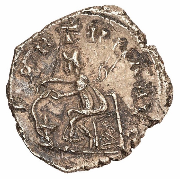 The reverse of the coin features an image of the Roman goddess Salus feeding a snake 