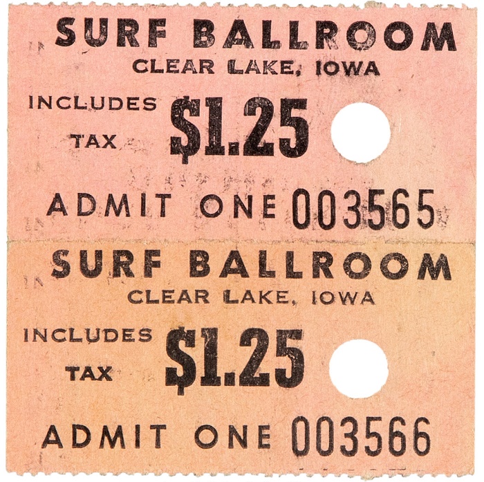 Used ticket stubs for Buddy Holly's final show at the Surf Ballroom in Clearlake, Iowa on February 2, 1959 - "The Day The Music Died"