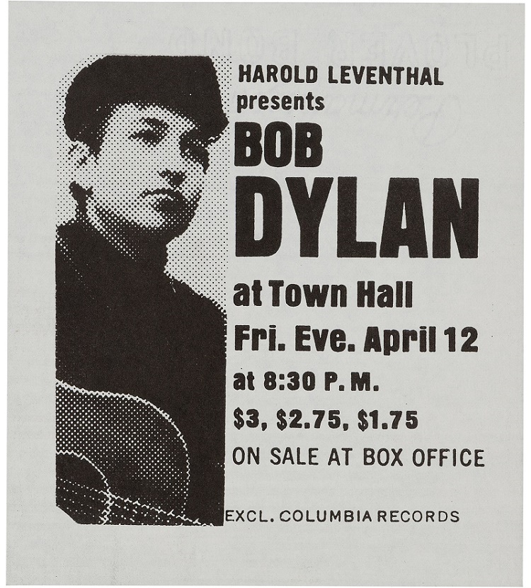 An original flyer for the first major concert of Bob Dylan's career, at the Town hall in New York on April 12, 1963. 