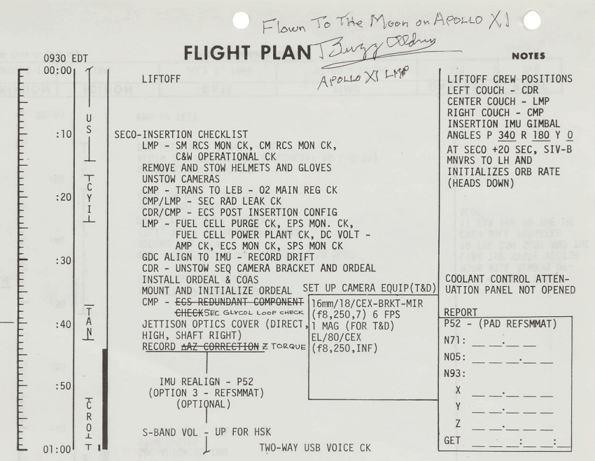 The first page from Buzz Aldrin's space-flown Apollo 11 Data File, which sold for $175,000 