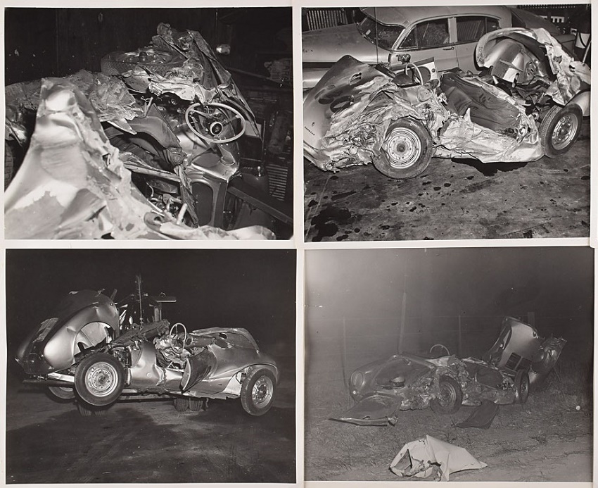 Several of the images show the twisted wreckage of Dean's Porsche 550 Spyder, taken just hours after the fatal collision.