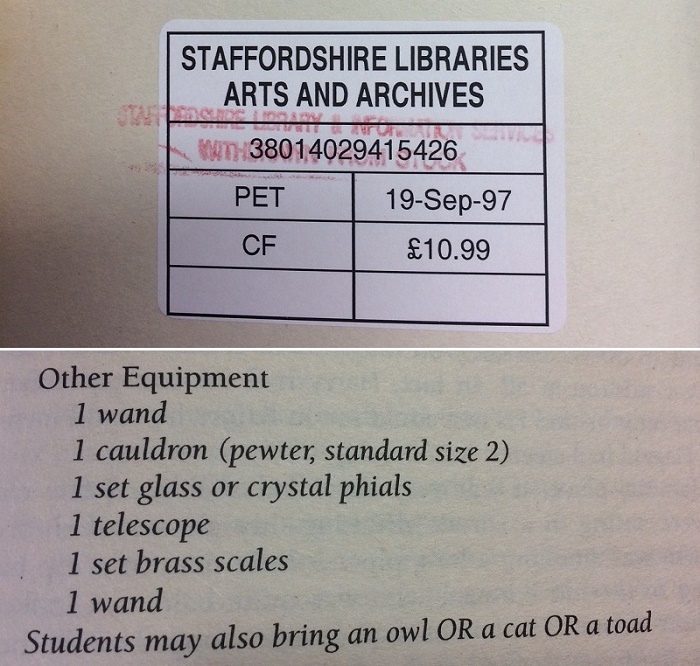 The book includes its original library label, and the famous missprint of "1 wand" twice on page 53, which helps identify it as a genuine first edition copy.