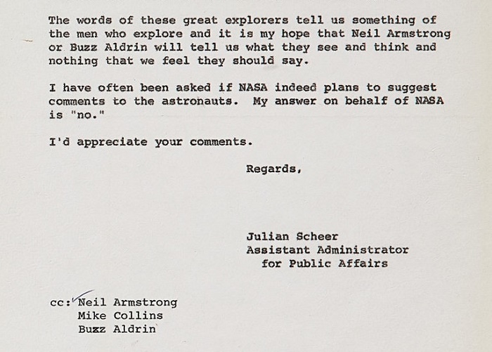 This internal NASA memo, suggesting that Neil Amstrong shoudn't be coached on what to say when he stepped foot on the moon, sold for $30,000. 