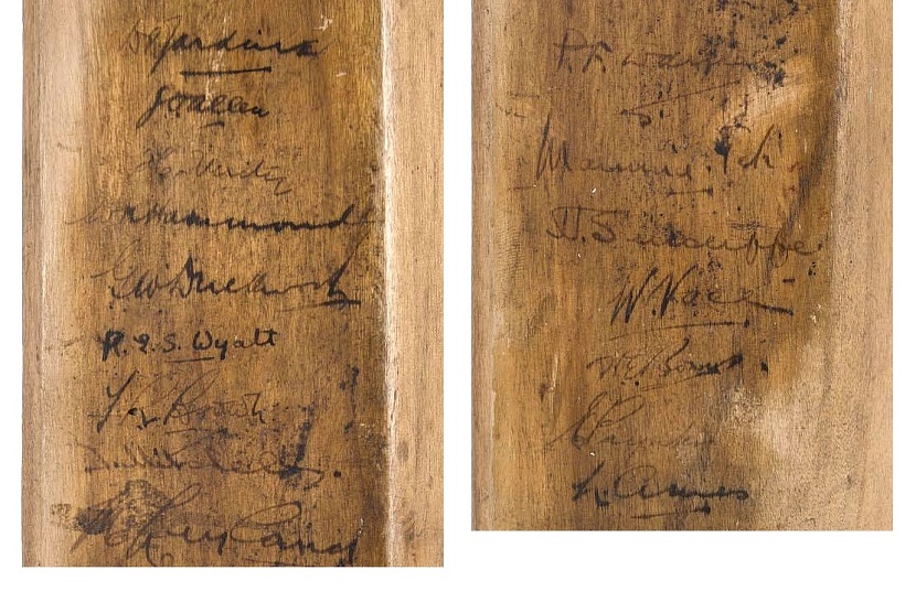 The bat is also signed by 16 members of the England team, including captain Doulgas Jardine, who became a hated figure in Australia during the Bodyline series 