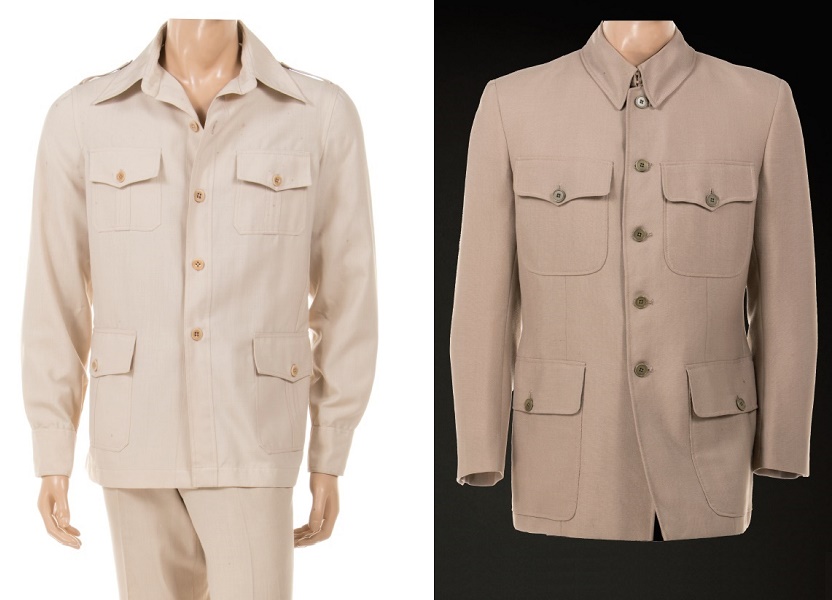 Roger Moore's Octopussy safari suit, estimated at $15,000 - $25,000; and a jacket worn by Charkes Gray as Blofeld in Diamonds Are Forever, estimated at $40,000 - $60,000 (Images: Profiles in History)