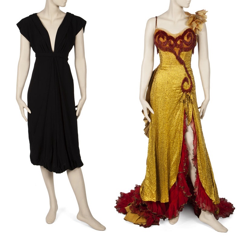 A cockatil dress worn during a press conference for Some Like It Hot (left); and a period costume worn in the final musical number of The River of No Return (right)