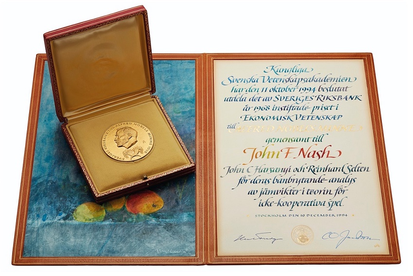 The 1994 Nobel Prize for Economics medal and certificate awarded to John Nash, estimated at $500,000 - $800,000 